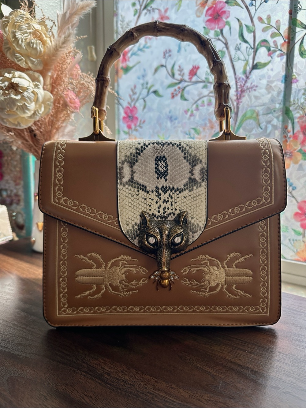 Statement Bamboo Handle Satchel Beetle Clasp Embroidered Bag Snake Luxe Boutique